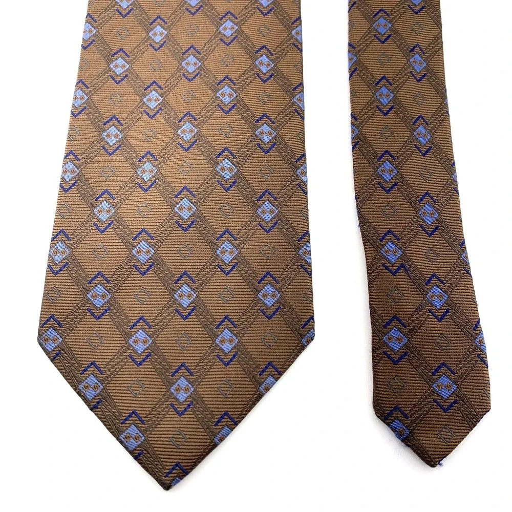Daniel‎ De Fasson Mens Tie Blue Brown Geometric Pattern Necktie 100% Silk Repp
